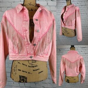 Blue B Collection Cropped Distressed Pink Rhinestone Fringed Jean Jacket